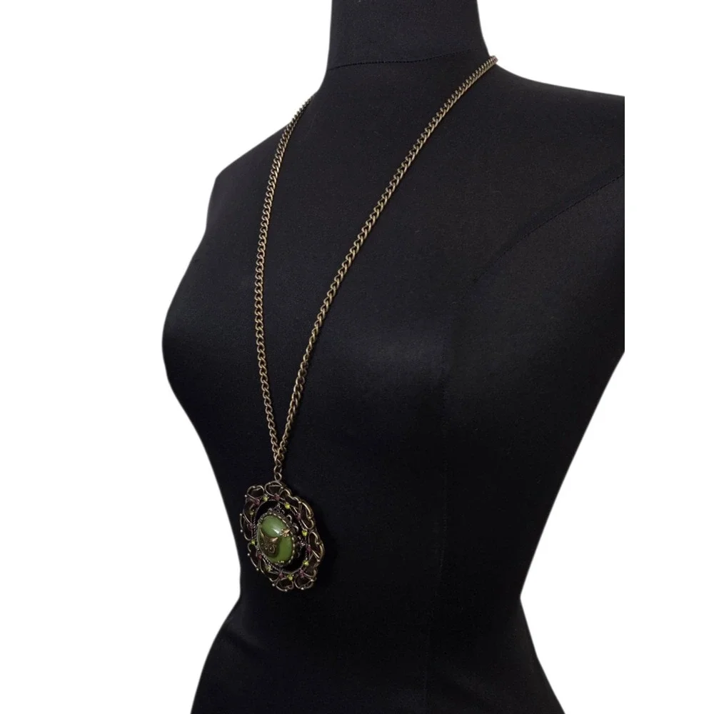 Owl Pendant Statement Necklace Faux Jade Bronze Tone Chain Ribbon‎ Rhinestones